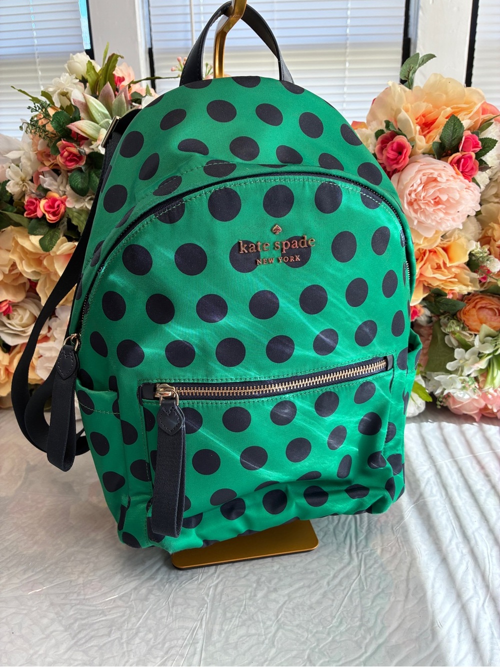 Kate Spade Chelsea Delightful Dot Large Backpack Green Navy Polka Dot Gold